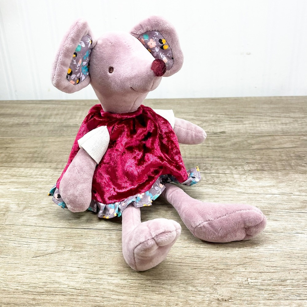 Janie and Jack Plush Mouse Lavender Purple Floral Ears Burgundy Velvet Dress 7in